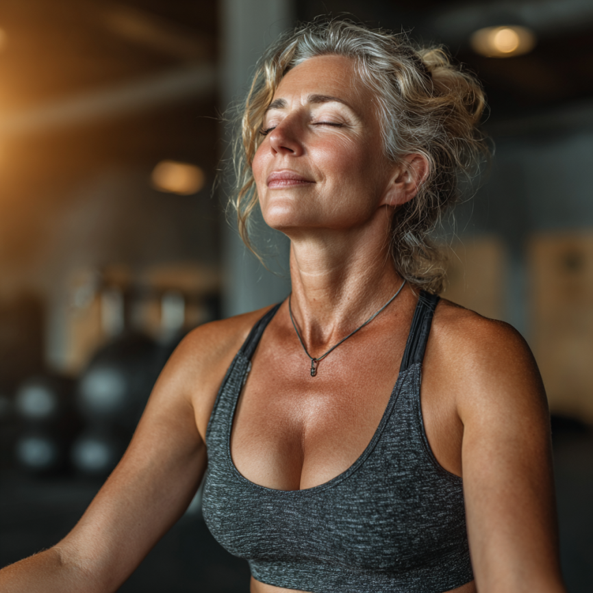 Група літніх людей займається йогою на свіжому повітрі