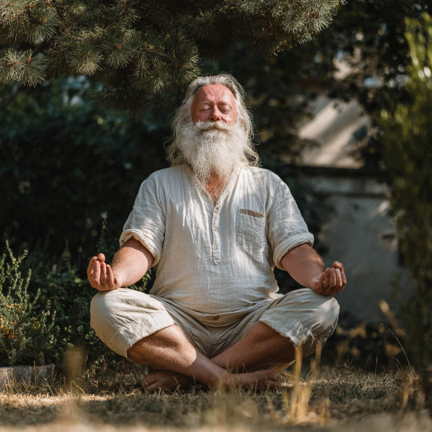 Літній чоловік виконує йогу, демонструючи гнучкість та силу